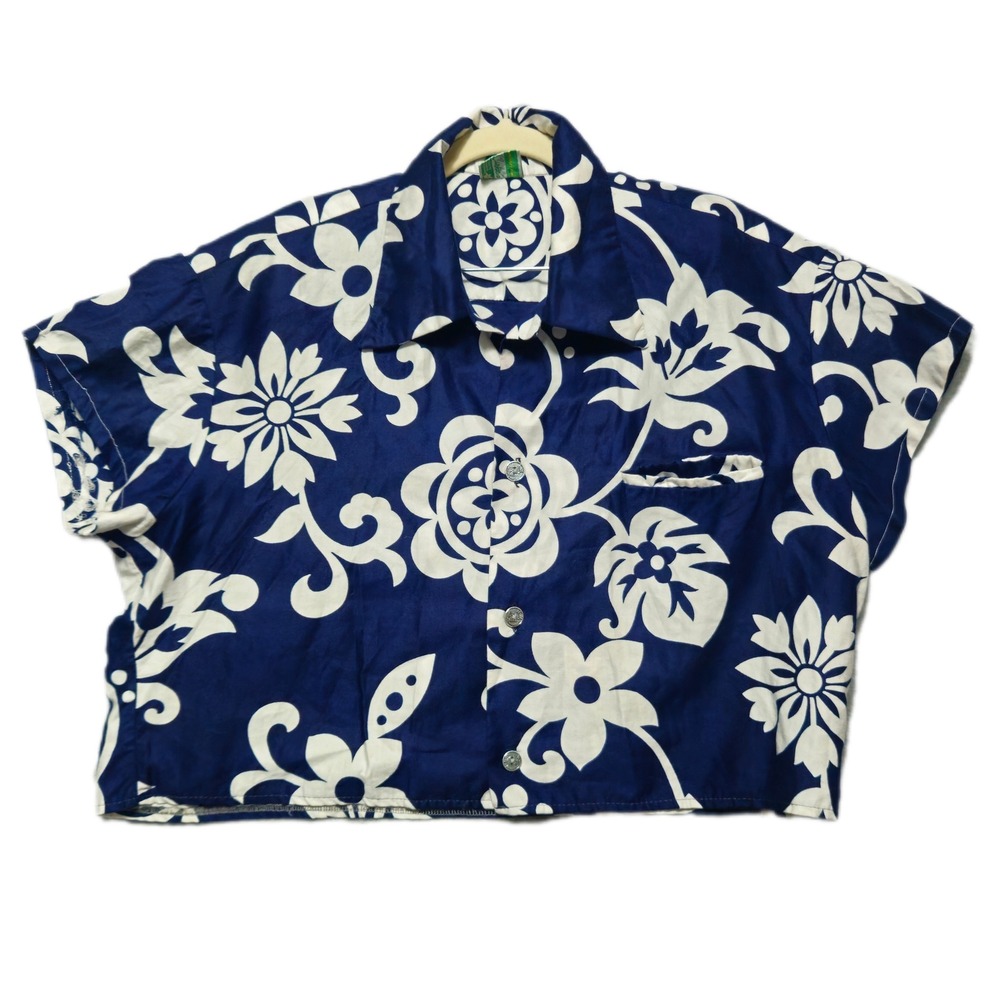 WALTAH CLARKES Vintage 60s Hawaiian Shirt Womens XL Cropped Blue Floral Boxy Top